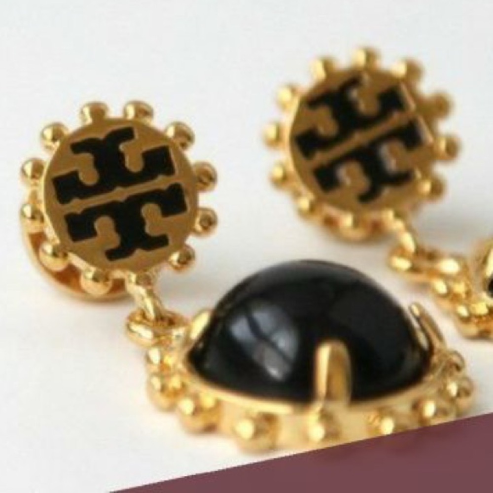 TORY BURCH WINSLOW BLACK + GOLD DROP EARRINGS - Picture 3 of 10
